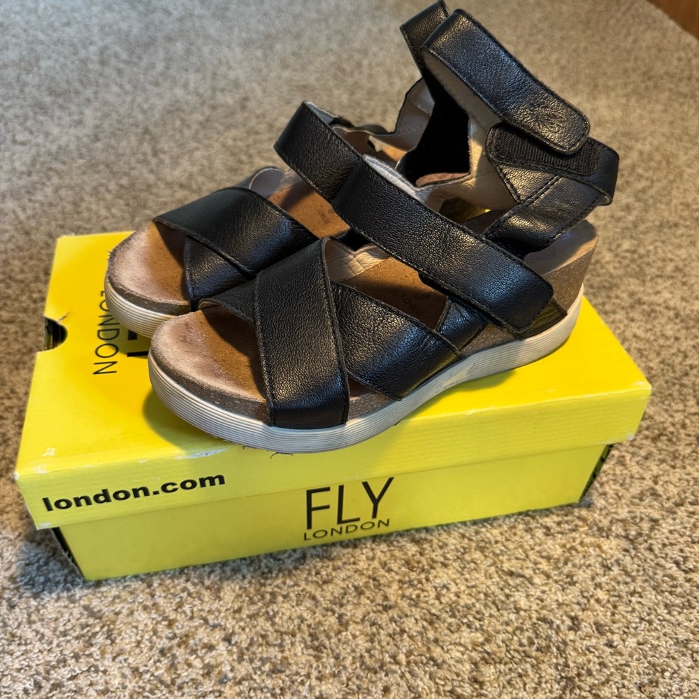 Fly London Wedge Black Strappy Sandals - 37 (6.5-7) - Picture 2 of 7